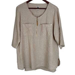 Anne Klein Womens Tan Linen Blend Popover Blouse Size XL Modern Minimalist